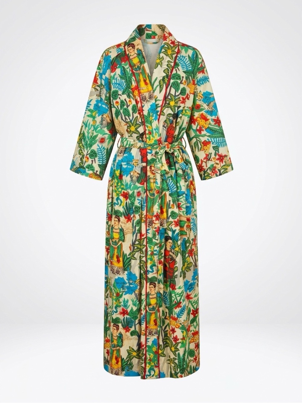 Karma Cotton Long Robe, Frida Kahlo Print, Sash tie, pockets, L